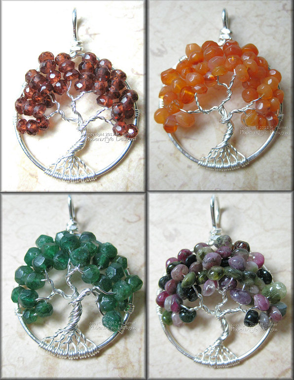 garnet tree of life, red (orange) carnelian tree of life, dark (emerald) green aventurine tree, mutli watermelon tourmaline tree of life pendant