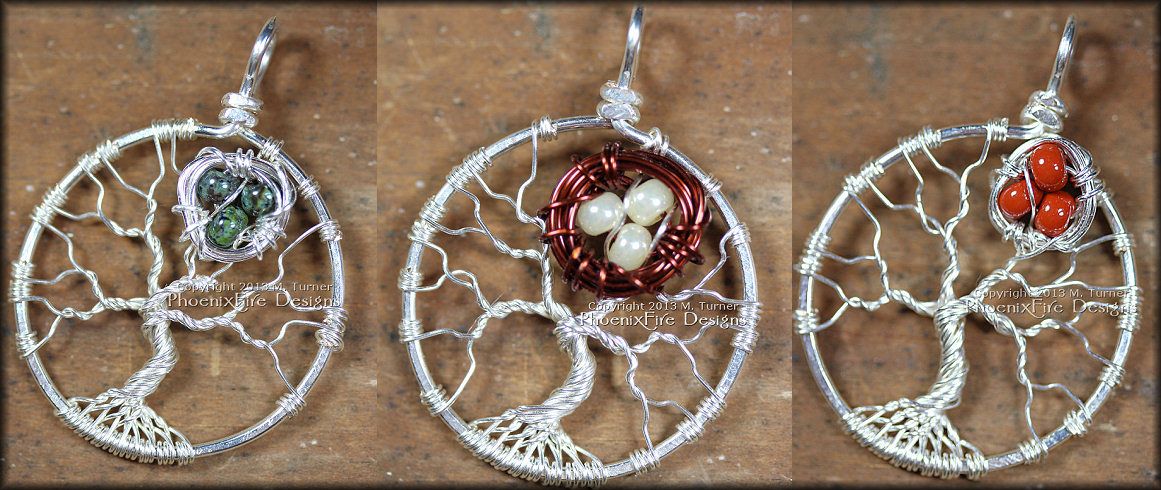 Tree of Life pendants with a small bird nest nestled in the branches of these handmade, wire wrapped sterling silver tree pendants make a unique Motherâ€™s Tree celebrating family and children. by PhoenixFire Designs