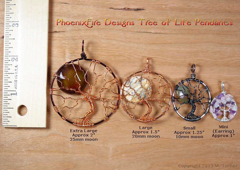 Extra large, large, medium and miniature size scale of tree of life pendants by PhoenixFire Designs.