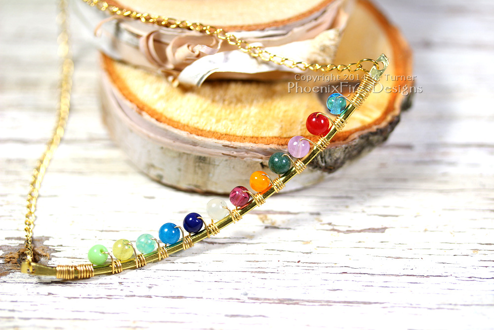 Anthropologie inspired rainbow necklace in non-tarnish brass wire and gold plated chain.