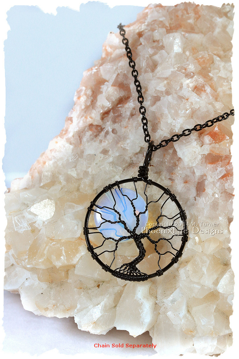 Black wire wrapped opalite rainbow moonstone full moon tree of life pendant has a spooky Halloween look but can be worn all year long! By PhoenixFire Designs