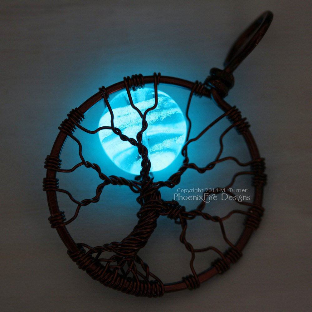 Wire wrapped glow in the dark blue moon tree of life pendant, glowing blue moon, glow in the dark jewelry, glowing necklace by PhoenixFire Designs.