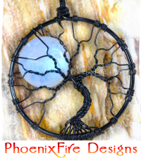 Black Wire Wrapped Natural Rainbow Moonstone Full Moon Tree of Life Pendant by PhoenixFire Designs