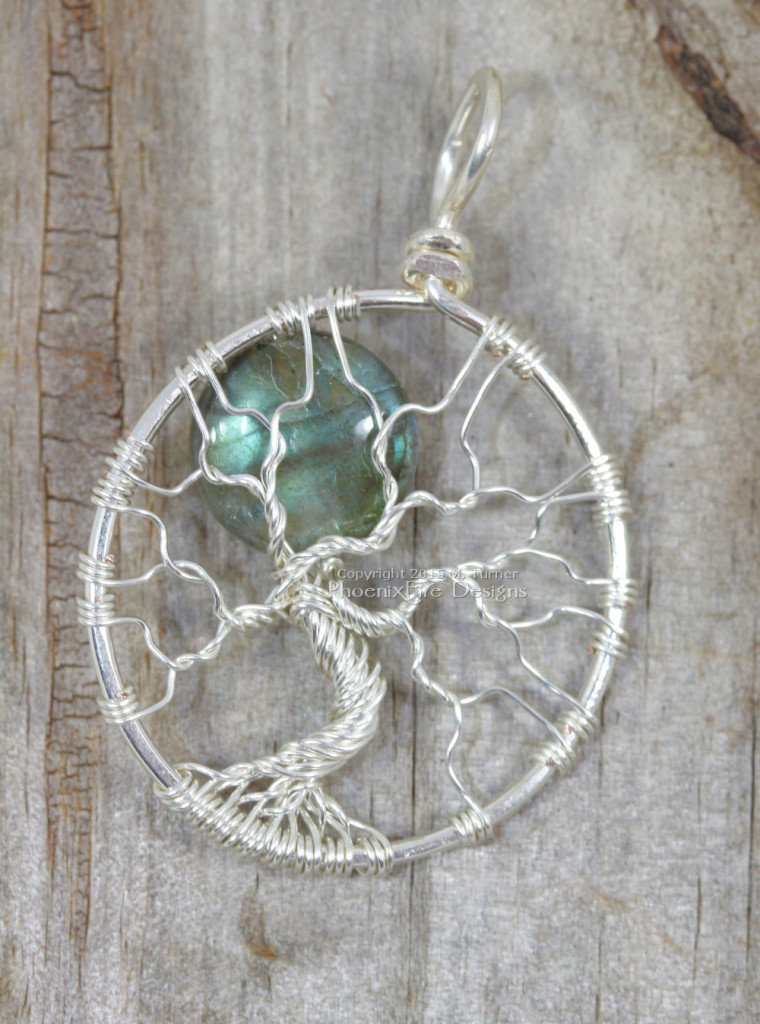 Handcrafted, wire wrapped blue flash labradorite blue moon full moon tree of life pendant by PhoenixFire Designs.