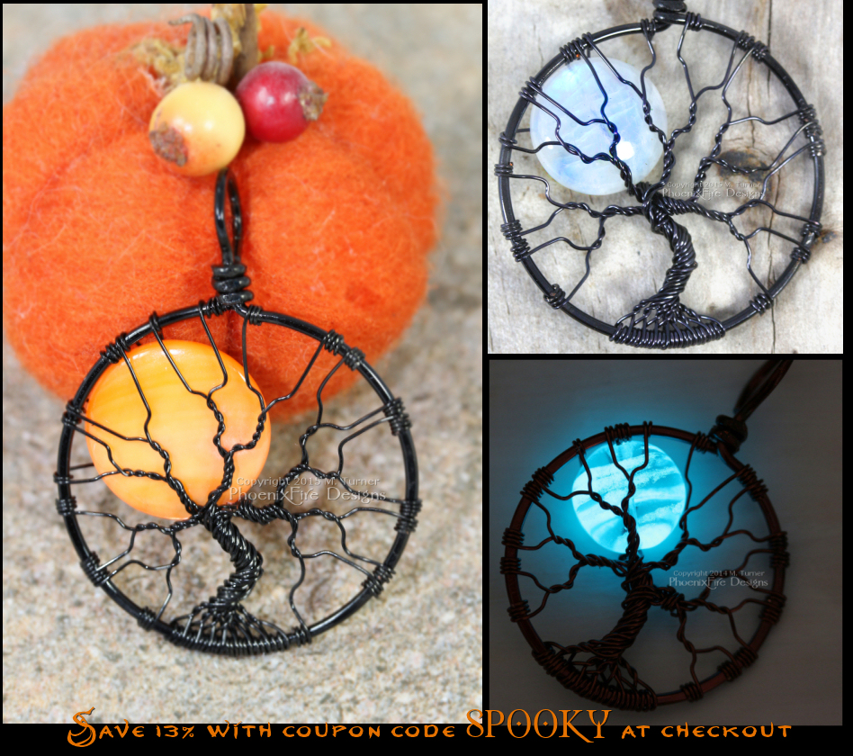 Spooky trees, Halloween harvest moon, glow in the dark jewelry - all of it is on sale for a limited time. Handcrafted, wire wrapped tree of life pendants by PhoenixFire Designs.