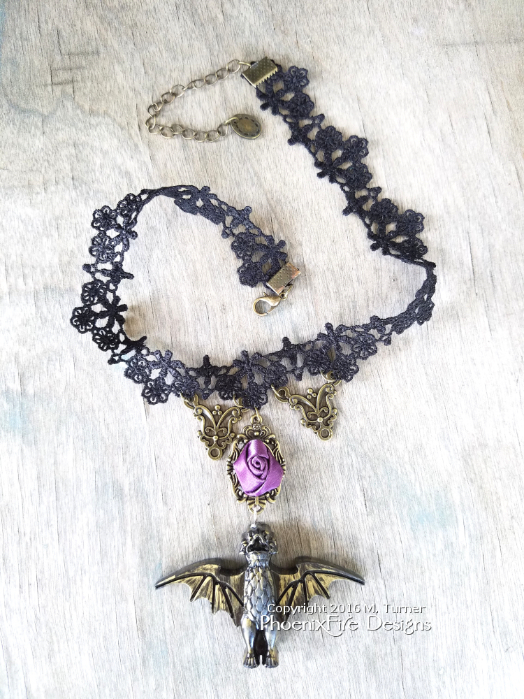 Dapper Day Haunted Mansion Disneybound bat stanchion necklace, handmade etsy seller, for sale, black lace choker bat hm maid costume cosplay  by PhoenixFire Designs
