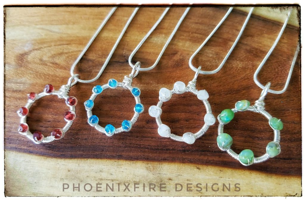 Dainty Circle Necklaces, Natural gemstone jewelry, wire wrapped karma necklace, handmade garnet, blue topaz, rainbow moonstone, green opal jewelry by PhoenixFire Designs