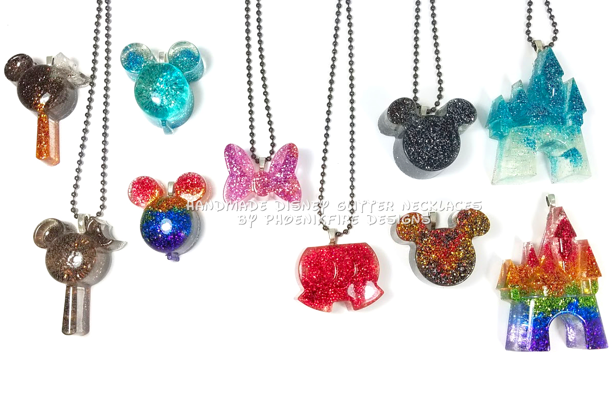 Mickey ear balloons, mickey premium bar, mickey shorts, minnie bow, cinderella castle, handmade resin rainbow glitter pendants by PhoenixFire Designs
