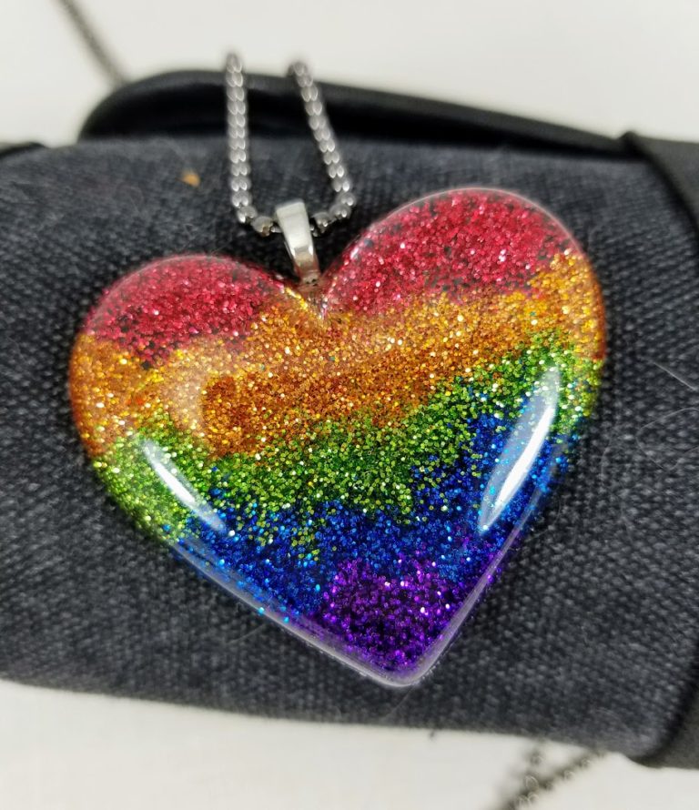 Love is Love Handmade rainbow glitter heart pride necklace by