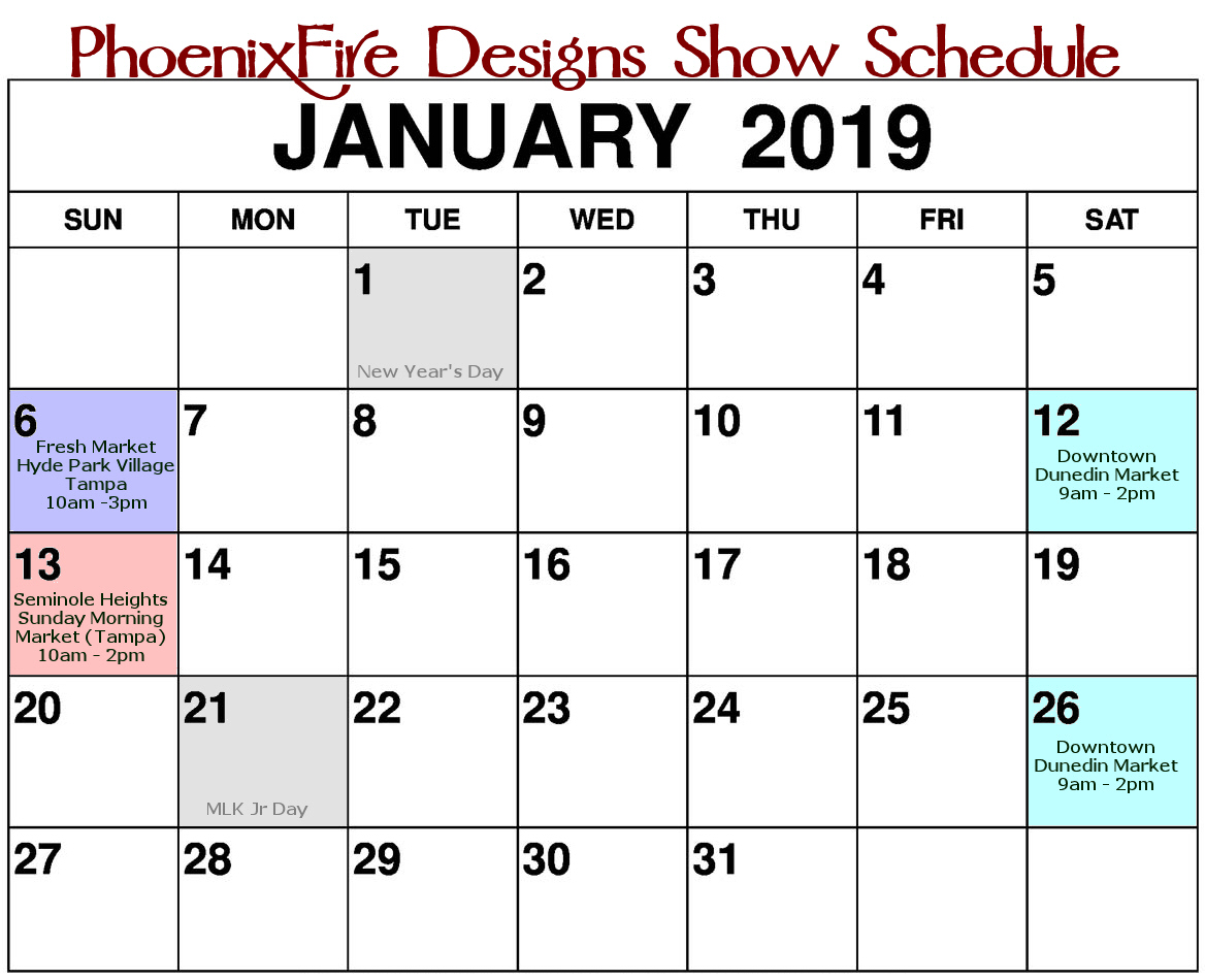 PhoenixFire Designs show schedule January 2019. Shop handcrafted, wire wrapped, gemstone jewelry in person within the Tampa Bay area including Dunedin, Seminole Heights, Hyde Park, Clearwater, St. Petersburg and more.