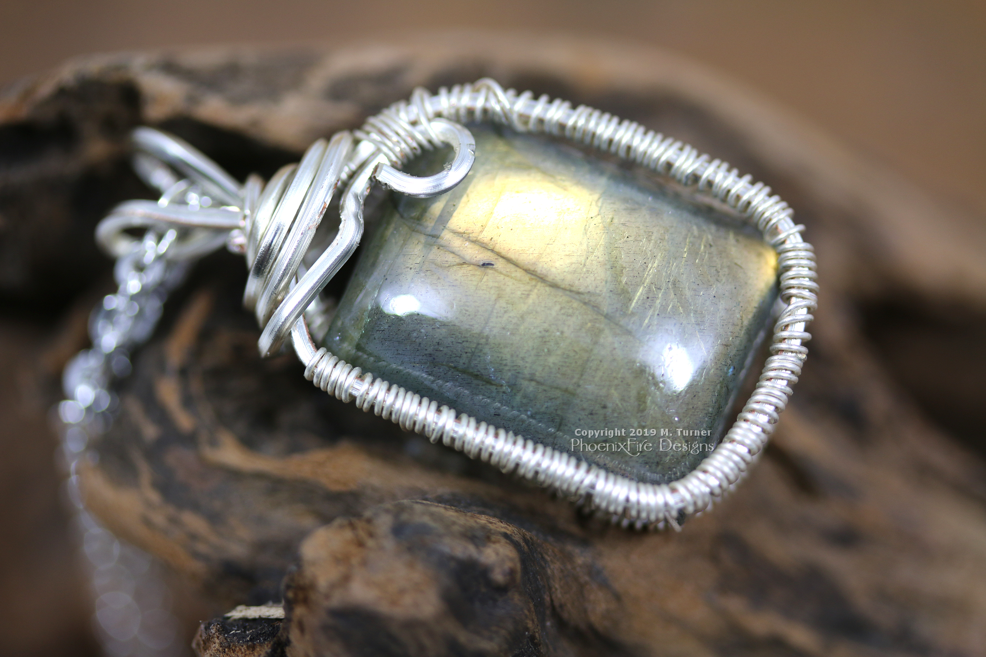 Silver wire wrapped labradorite necklace artisan jewelry handcrafted by PhoenixFire Designs